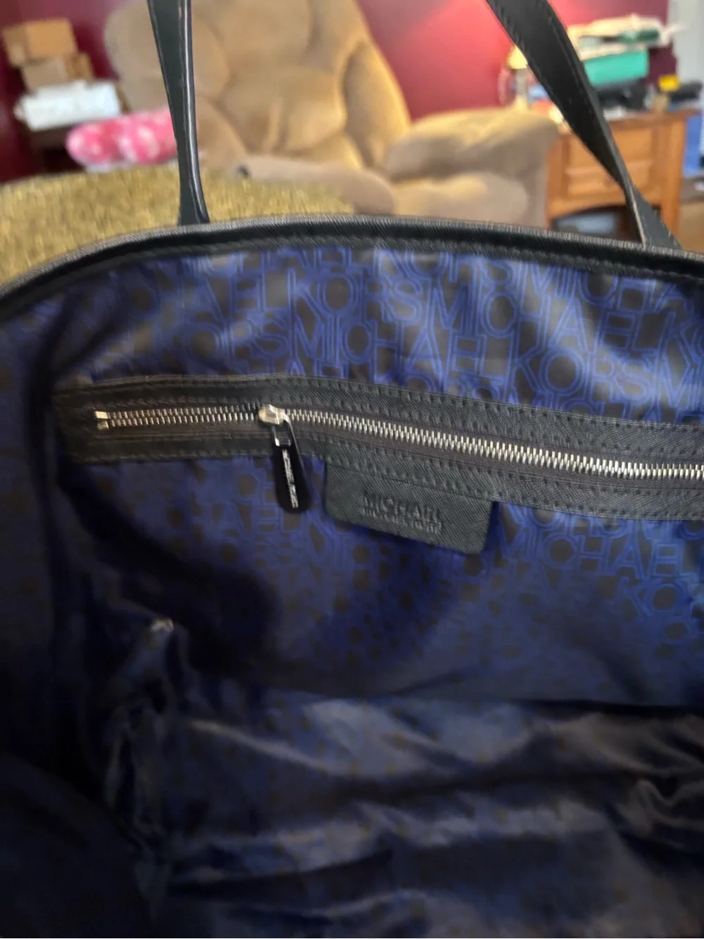 Michael Kors Blue and Black Polka Dot Tote with MK Charm